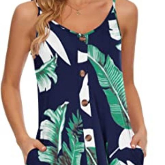 Women's Summer Spaghetti Strap Button Down V Neck Casual Beach Cover Up Dress - Picture 1 of 3